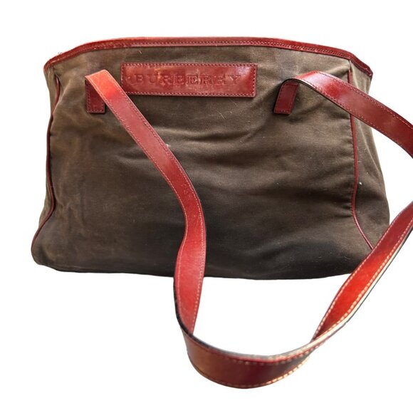 burberry brown distressed cotton canvas red leather ethnic print lined t… - Picture 1 of 8